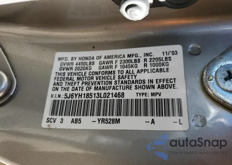 2003 Honda Element Ex from USA, damaged, VIN 5J6YH18513L021468